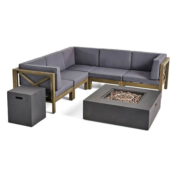 Noble House Brava Grey 7-Piece Wood Outdoor Patio Fire Pit Sectional Seating Set with Dark Grey Cushions