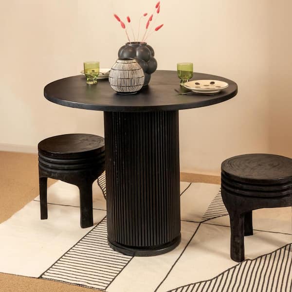 15.75 in. Matte Black Backless Paulownia Wood Carved Stool