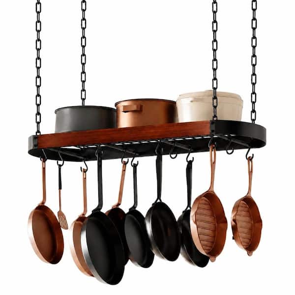 Dark Walnut Ceiling-Mounted Hanging Pot Rack Organizer for Cookware with 12 Hooks, Solid Wood and Metal Frame