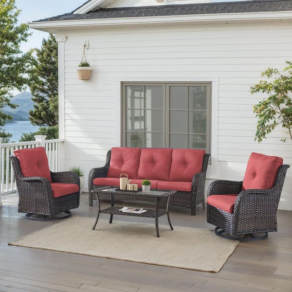 4-Piece Brown Wicker Patio Conversation Set with Olefin Red Cushions and Swivel Glider Chairs/Sofa