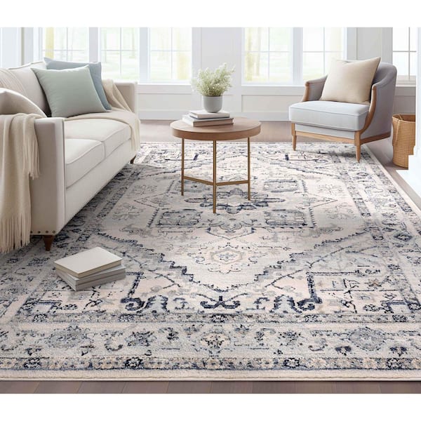 Omaha Camilla Farmhouse, Oriental, Distressed, Ivory Blue 9 ft. 3 in. x 12 ft. 6 in., Area Rug
