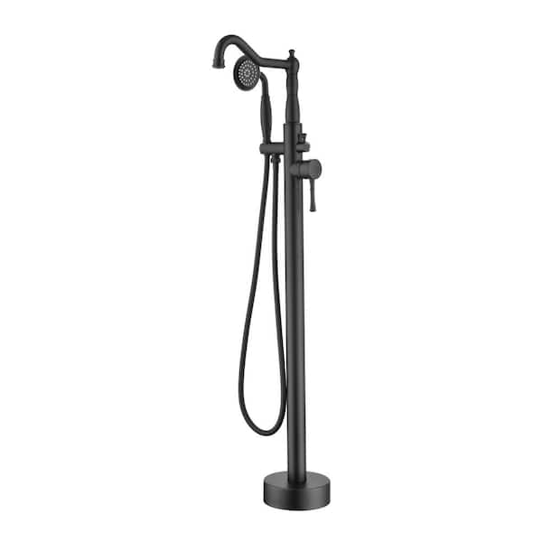 AIMADI 2-Handle Freestanding Tub Faucet with Hand Shower Single Hole Brass Floor Mount Bathtub Faucets in Matte Black
