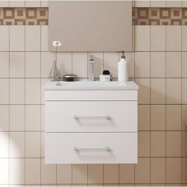24 in. Floating Single Sink White Bath Vanity with White Ceramic Top