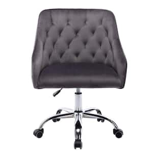 Height Adjustable Button Tufted Swivel Task Chair in Dark Gray Velvet with Sloped Armrest