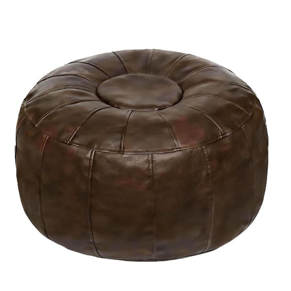21.7 in. Round Storage Pouf Ottoman Unstuffed Faux Leather Foot Stool, Deep Coffee, 1-Piece