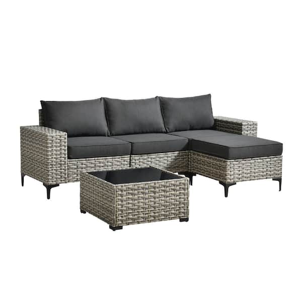 Sunny 5-Piece Wicker Wide Arm Outdoor Furniture Patio Conversation Sofa Seating Set with a Table and Black Cushions