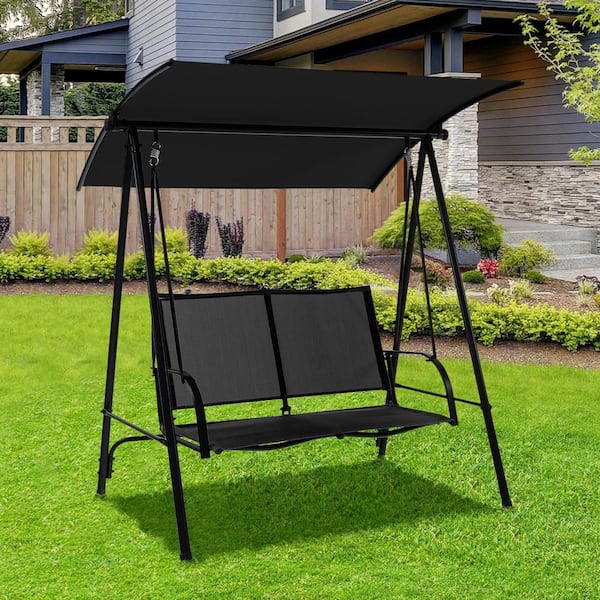 Angeles Home 2-Person Metal Outdoor Patio Swing Canopy Swing with Comfortable Fabric Seat Black