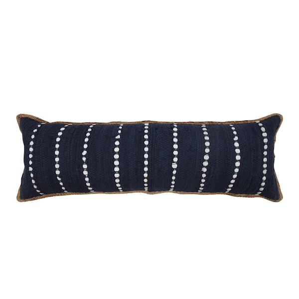 LR Home Riley Woven Navy Blue/White 14 in. x 36 in. Striped Jute Bordered Soft Polyfill Throw Pillow