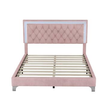 Harper & Bright Designs Pink Wood Frame Queen Size Velvet Upholstered Platform Bed with Tufted Headboard and LED Lights LHC051AAH