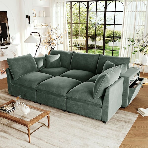 93.7 in. Modular Square Arm Chenille with a Movable Ottoman, Storage Armrests and USB Ports Sectional Sofa in Green