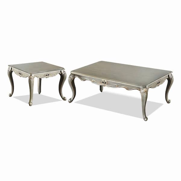 Hencet 2-Piece 48 in. Champagne Rectangle Wood Coffee Table Set with Ornate Details, Cabriole Legs, Gold Highlights