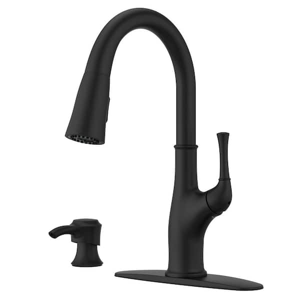 Alderwood Single Handle Pull Down Kitchen Faucet with Deck Plate and Soap Dispenser in Matte Black