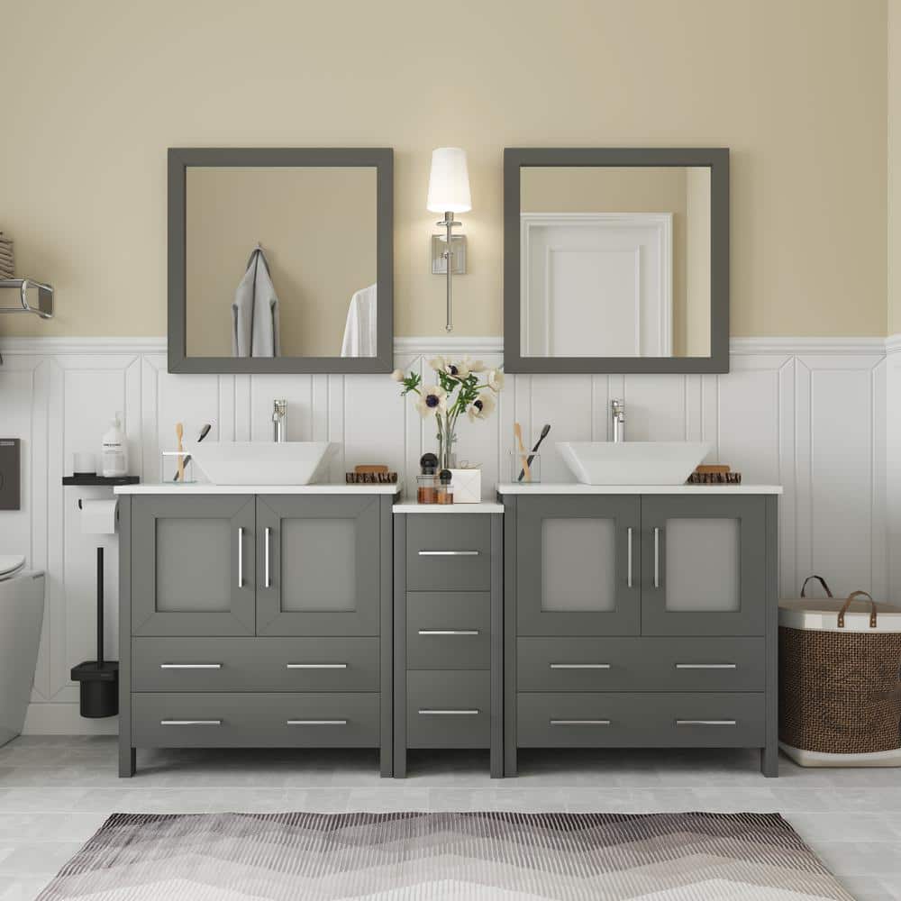 Vanity Art Ravenna 72 in. W Bathroom Vanity in Grey with Double Basin in White Engineered Marble ...