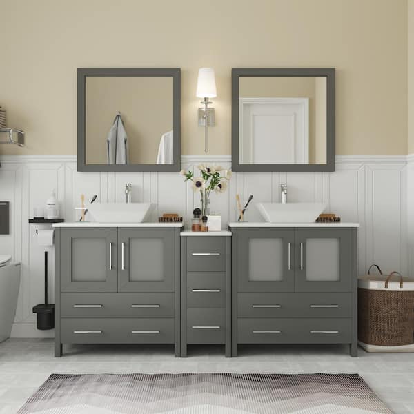 Vanity Art Ravenna 72 in. W Bathroom Vanity in Grey with Double Basin in White Engineered Marble Top and Mirrors