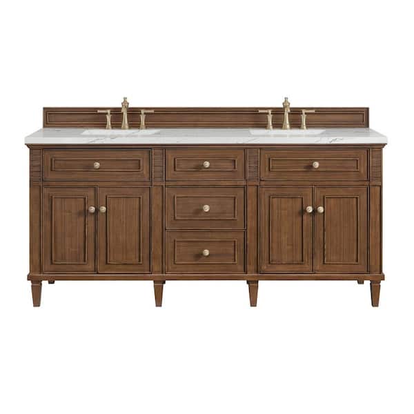James Martin Vanities Lorelai 72.0 in. W x 23.5 in. D x 34.06 in. H Double Bathroom Vanity in Mid-Century Walnut & Ethereal Noctis Quartz Top
