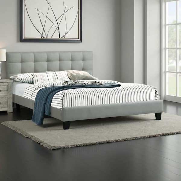 Dex Gray Wood Frame King Size Platform Bed with Plush Tufted Upholstery