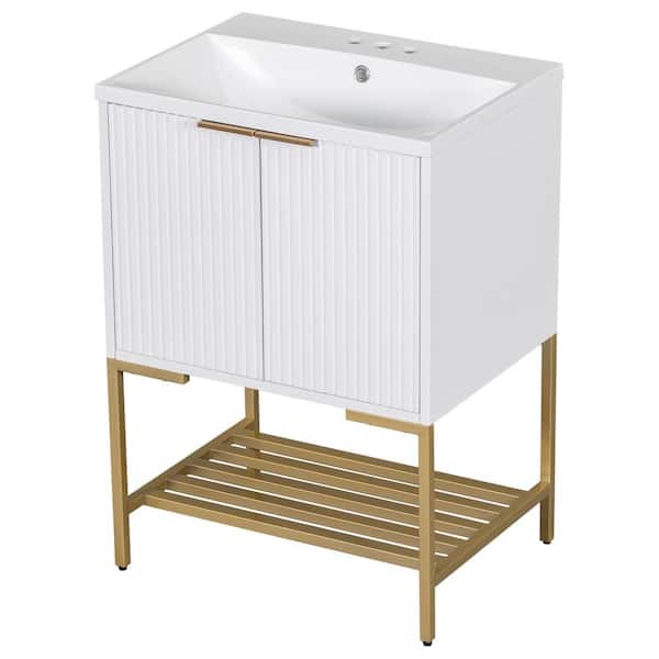 GDFSTUDIO Yesa 24 in. White Ceramic Top Bathroom Vanity & Sink, with Cabinet and Shelf, Gold Metal Frame, White