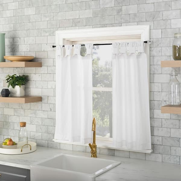 Sarro Washed Cotton White Cotton 52 in. W x 36 in. L Tab Top Light Filtering Curtain Tier Pair for Kitchens (Set of 2)