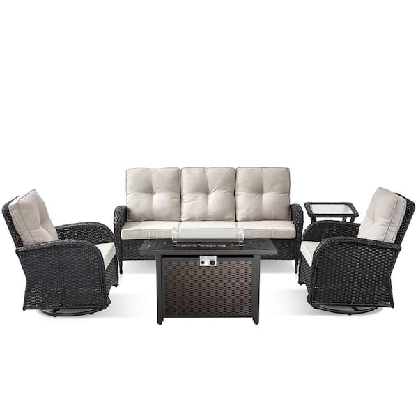 BLack 5-Piece Wicker Outdoor Glider Chair Patio Deep Seating with Rectangular Fire Table and Beige Cushions