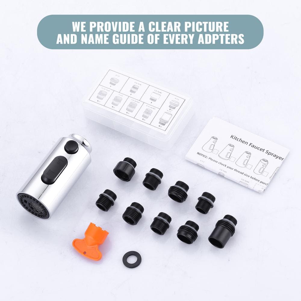 Polished Chrome Kitchen Faucet Spray Head with 9 Adapters
