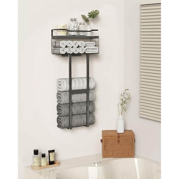 Wall Mounted Black Bathroom Towel Rack Floating Shelf with Wood Plank Vertical Storage Organizer 1 Piece