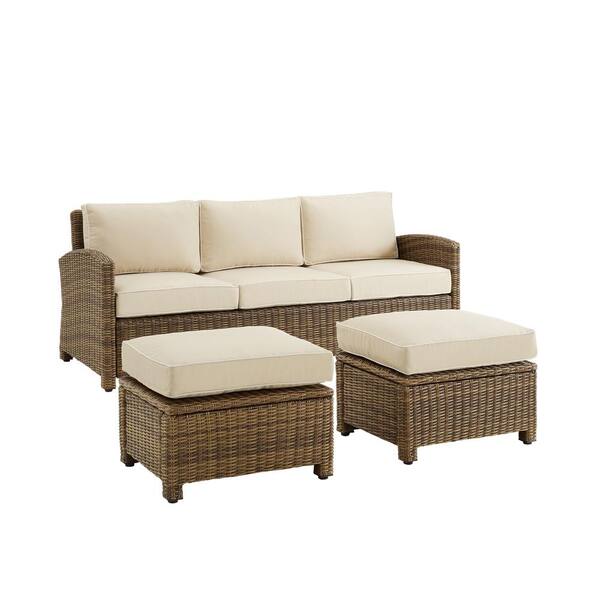 CROSLEY FURNITURE Bradenton Weathered Brown 3-Piece Wicker Patio Conversation Set with Sand Cushions
