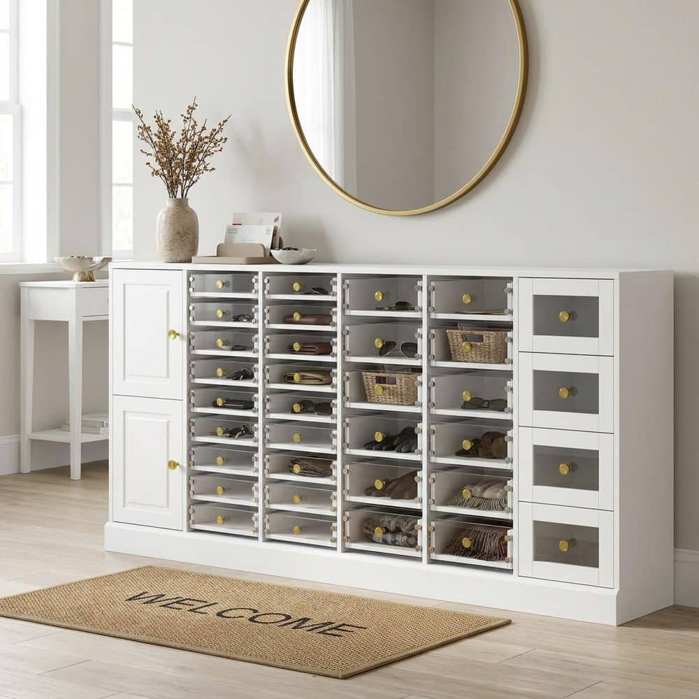 White Wood and Acrylic 70.9 in. W Jewelry Armoire, Collectibles Cabinet Nail Polish Storagee with 2-Shelf and 34 Drawers price history on PriceWatchPro