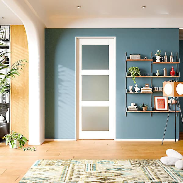 30 in. x 80 in. Left-Handed 3-Lite Frosted Glass White MDF Wood Single Prehung Interior Door with Door Jamb Hardware Kit