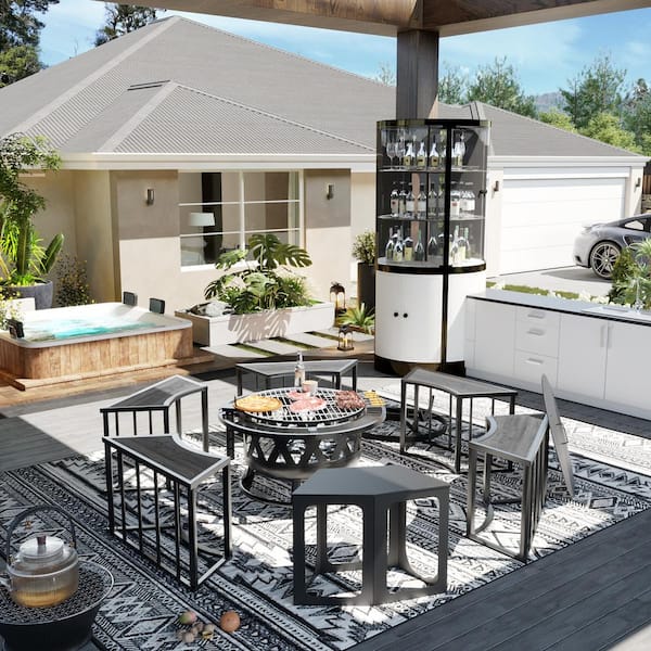 51 in. W Metal BBQ Gray Outdoor Fire Pit Table with Grill