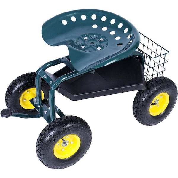 Blue Steel Outdoor Garden Cart Rolling Work Seat with 360° Swivel Seat and Tool Tray