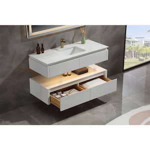48 in. W X 20.7 in. D X 19.6 in. H Floating Single Sink Solid Wood Bath Vanity in White with White Marble Top and Lights