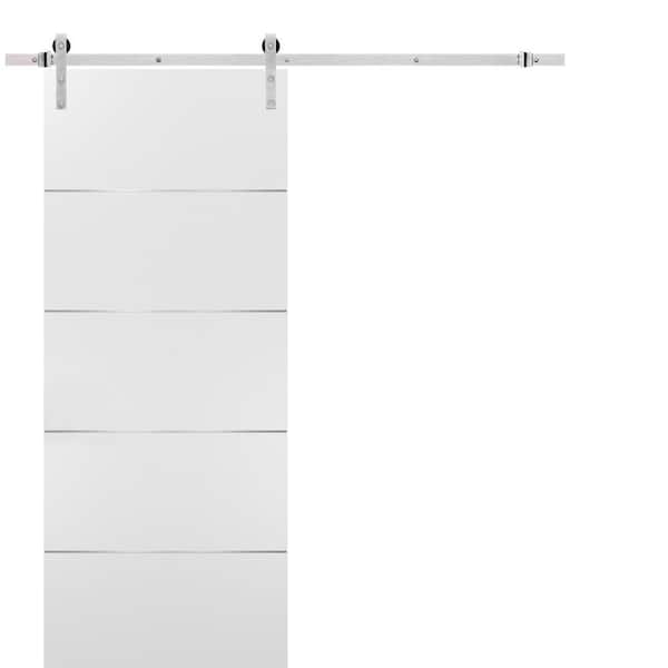 0020 36 in. x 84 in. Flush White Finished Wood Barn Door Slab with Hardware Kit Stainless