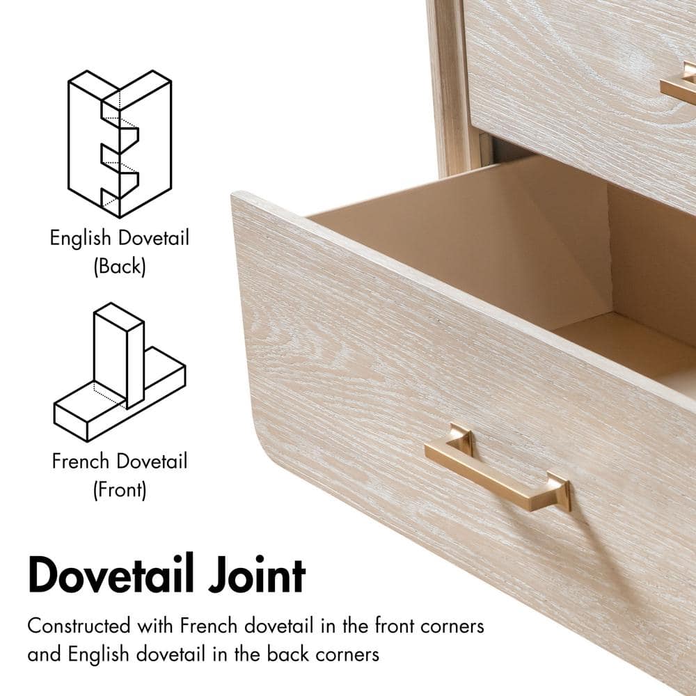 Oak and Metal 2-Drawer Nightstand with Brass Handles