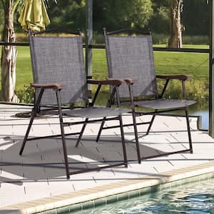 Folding Outdoor Patio Sling Back Camping Deck Chairs in Gray (Set of 2)