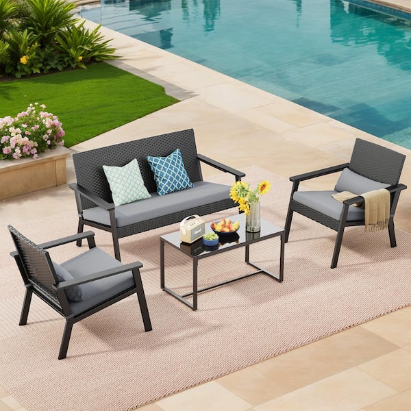 Lofka 4-Pieces Outdoor Patio Furniture with Deep Seating Cushion, Table, use for Backyard, Porch, Gray