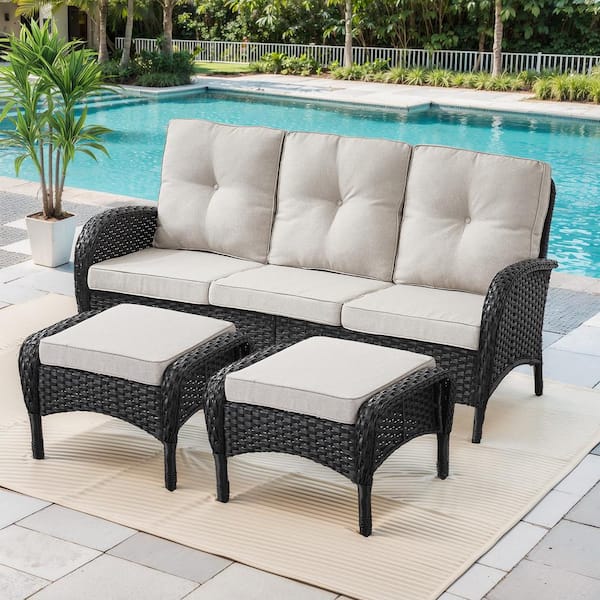Gymojoy Carlos 3-Piece Black Wicker Outdoor Sofa set Patio Sectional Couch with Beige Cushions and Ottomans