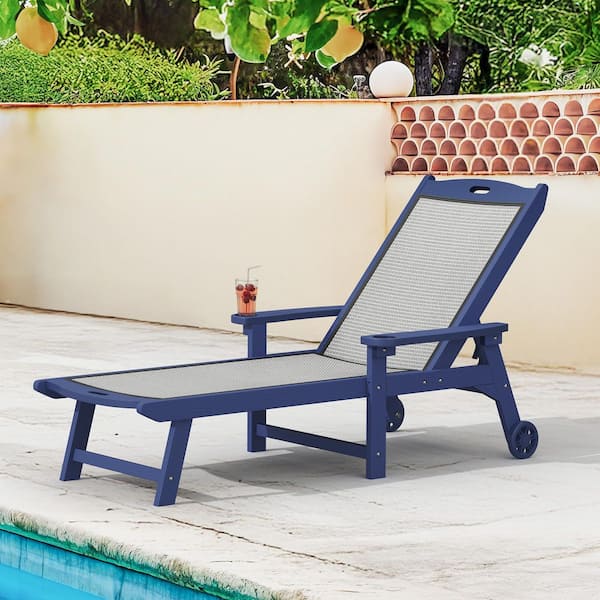 Hotormer 1-Piece Navy HDPS Plastic Patio Outdoor Chaise Lounge Chairs with Wheel Adjustable Textilene Recliner