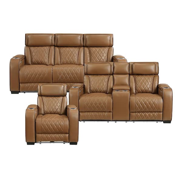 Clumber 84 in. W Pillow Top Arm Faux Leather Rectangle 3-Piece Power Double Reclining Sofa Set in Brown