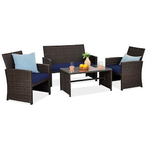 Brown 4-Piece Wicker Patio Conversation Set with Navy Cushions, 4 Seats, Tempered Glass Table Top