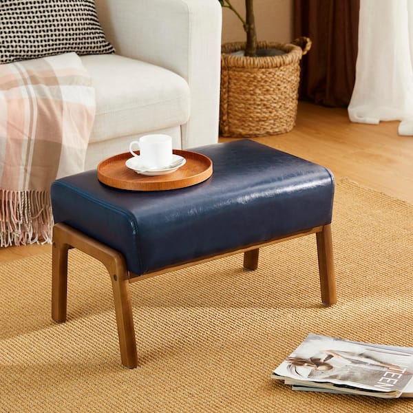 Glitzhome Mid century Modern Navy Blue Leatherette Accent Stool with Walnut Rubberwood Legs 2001300024 The Home Depot