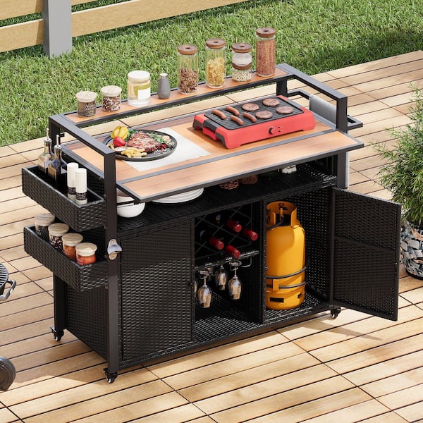 Runesay Retro Black Wood 52.8 in. Outdoor Kitchen Island Grill Cart with Extended Plastic Wood Tabletop and Storage Cabinet