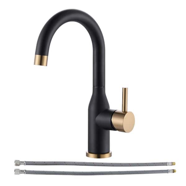 Deck Mount Single Handle Single Hole Bar Faucet with 360° Swivel Spout and Supply Lines in Black and Gold