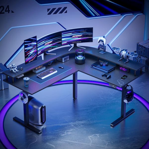 63 in. L-Shaped Black Carbon Fiber Wood Sit to Stand Desk with 3-Height Memory Presets and USB Port and Monitor Stand