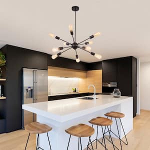 10-Light Matte Black Linear Sputnik Chandelier for Living Room Kitchen Island with No Bulbs Included