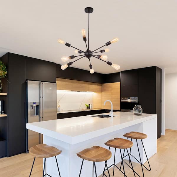 10-Light Matte Black Linear Sputnik Chandelier for Living Room Kitchen Island with No Bulbs Included