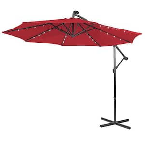 10 ft. Steel Cantilever Solar LED Outdoor Patio Umbrella with Cross Base in Red