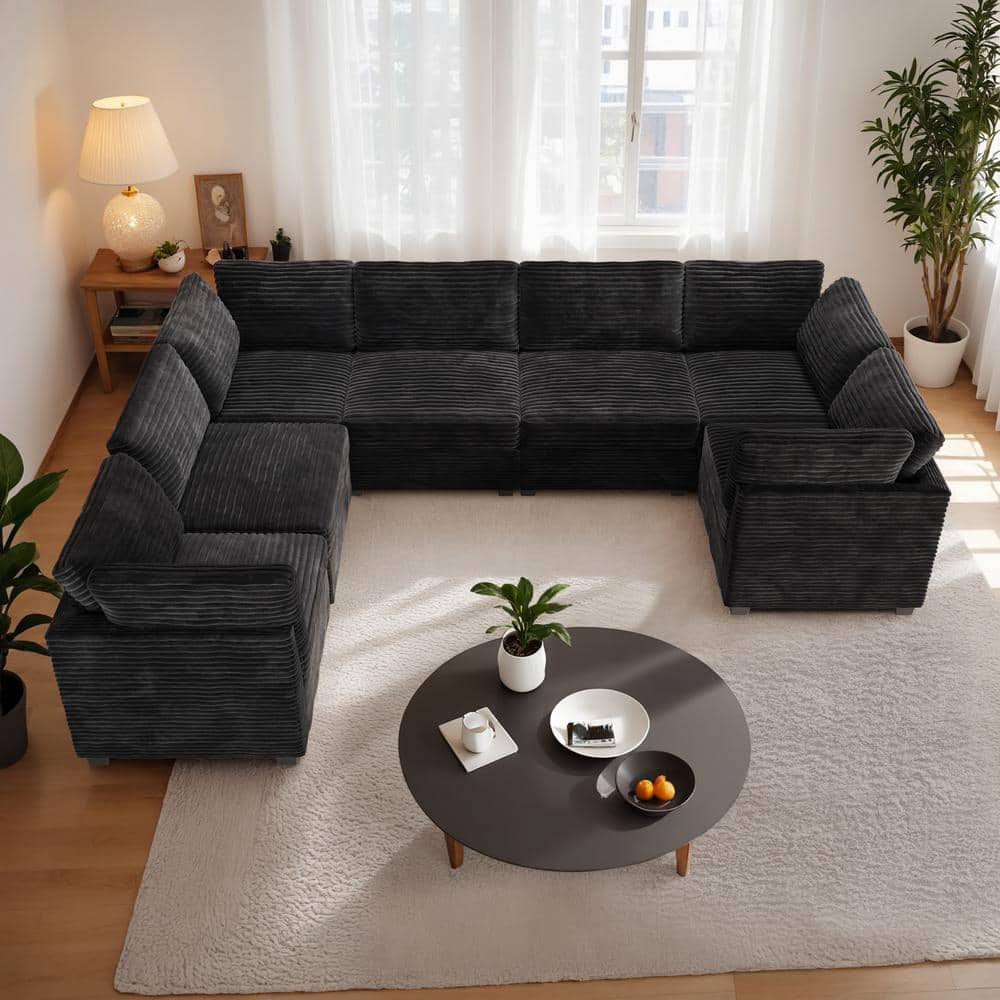 130 in. Square Arm Modern 7-Piece Plush Corduroy U-Shape Free Combination Modular Corner Sectional Sofa in Black