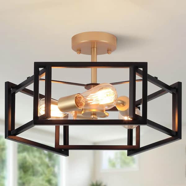 18.11 in. 3 Light Black and Gold Modern Farmhouse Hexagon Semi-Flush Mount Ceiling Light