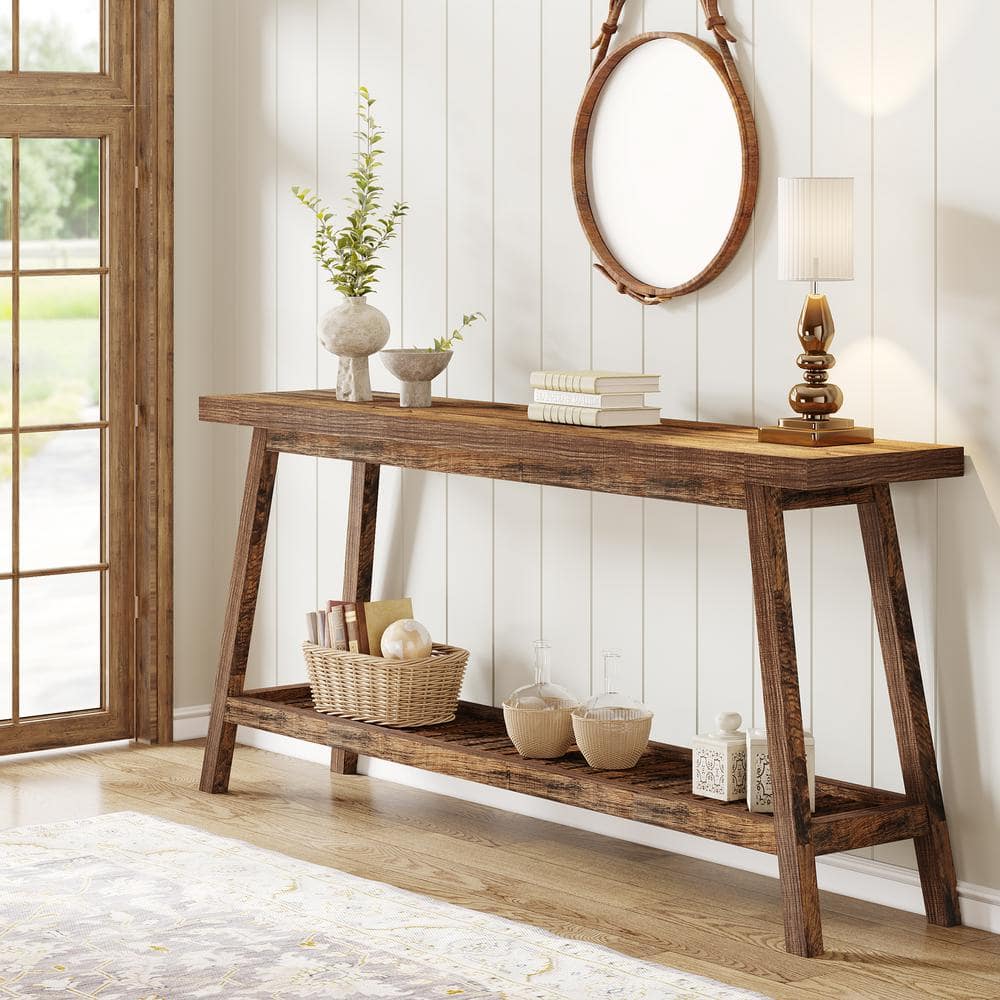 70.9-Inch Rustic Brown Wooden Console Table with Storage