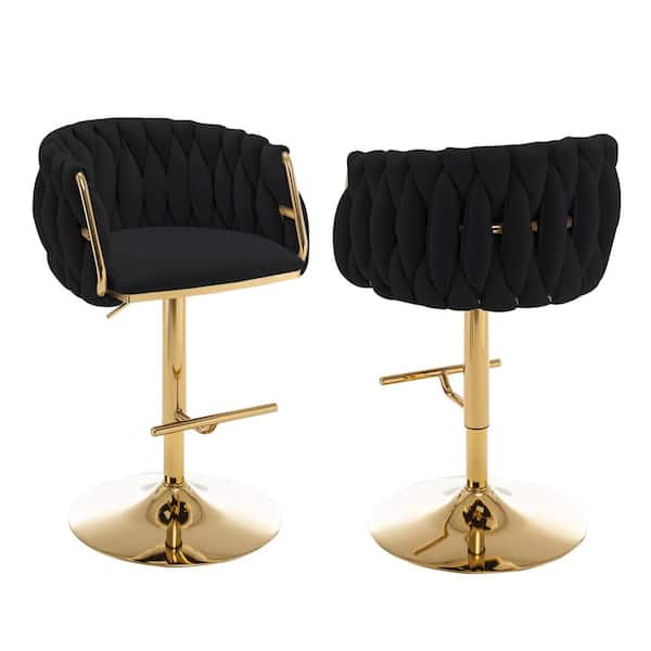 Earl 25 in. 33 in. Upholstered Black Low Back Gold Metal Frame Adjustable Bar Stool With Velvet Fabric (Set of 2)